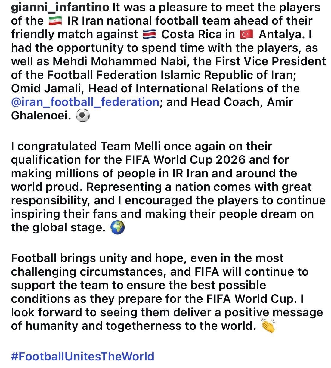 پست قابل توجه رئیس فیفا پس از دیدار با تیم ملی فوتبال
