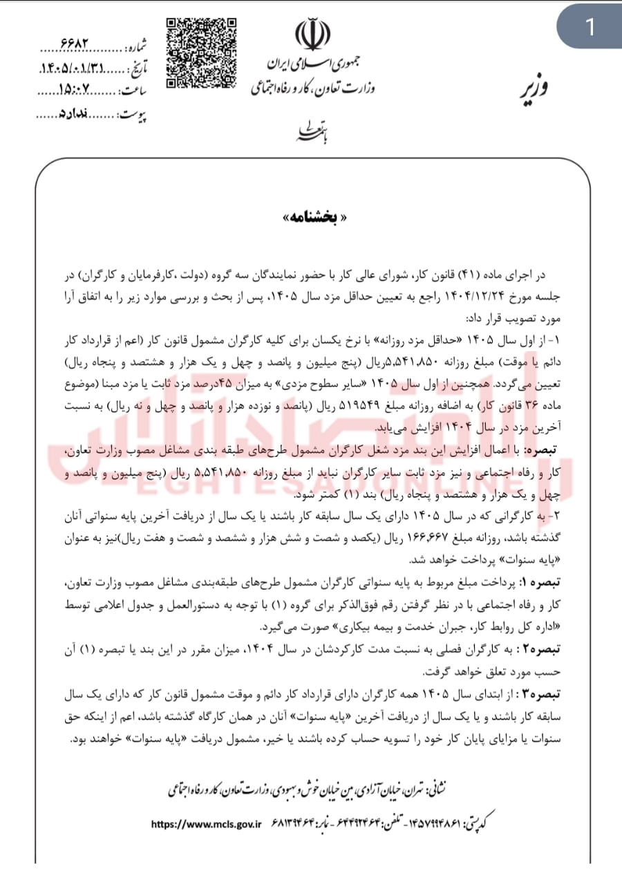 وزیر کار مصوبه جدید حقوق و دستمزد را امضا کرد